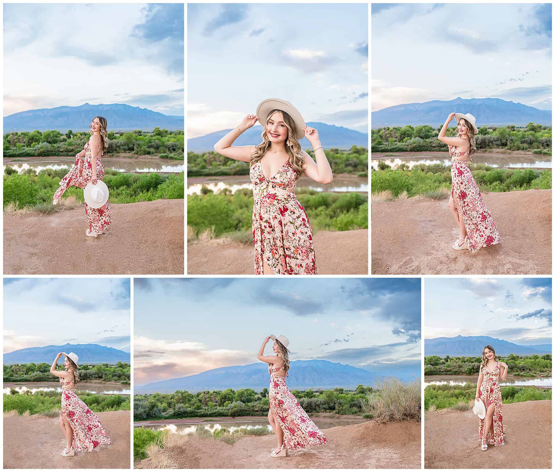 Teen posing in front of purple lavender bushes with Sandia Mountains in the background during senior session.