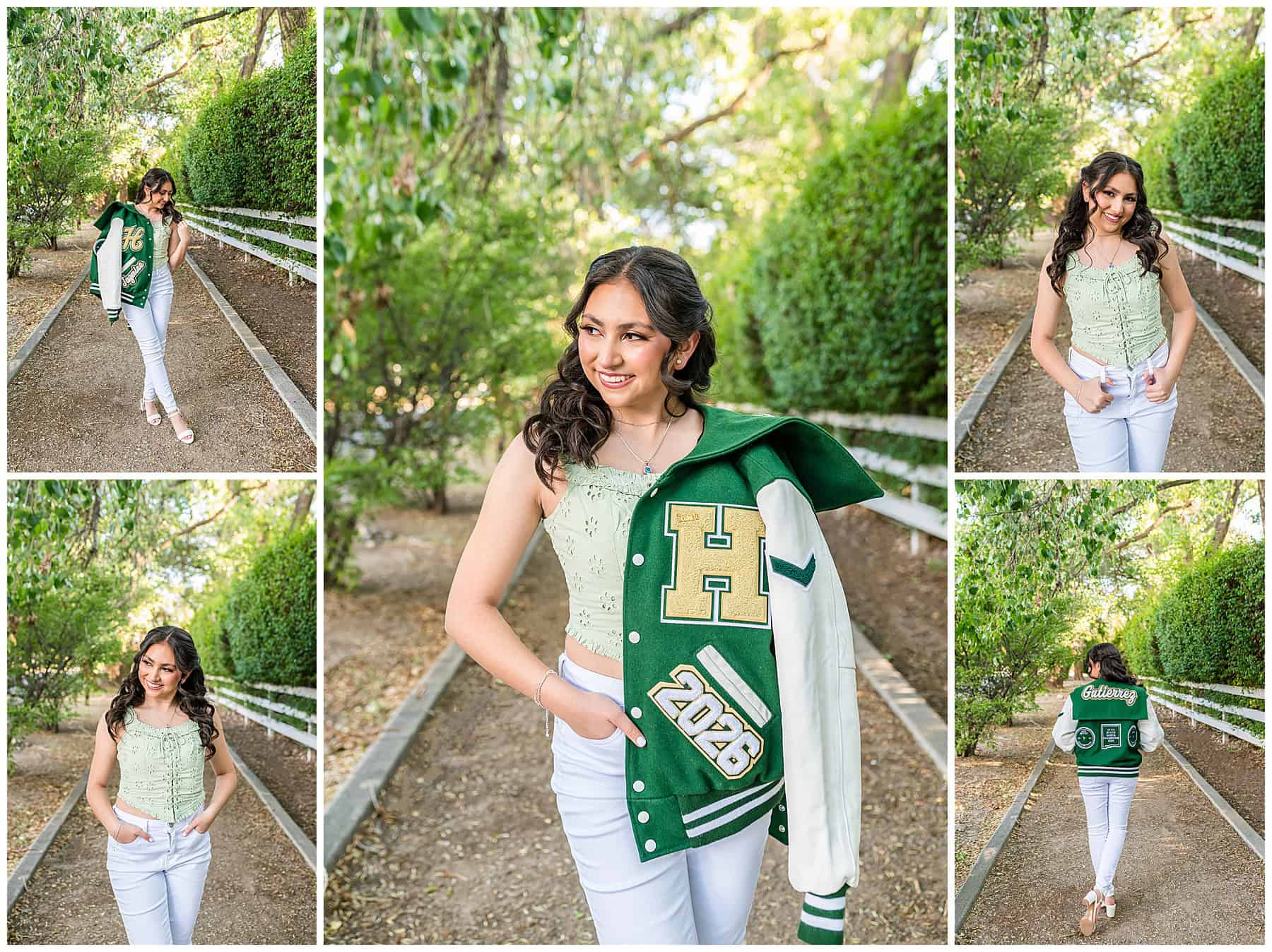 Best locations for senior pictures in Albuquerque featuring a Hope Christian High School senior wearing her letterman jacket outdoors.