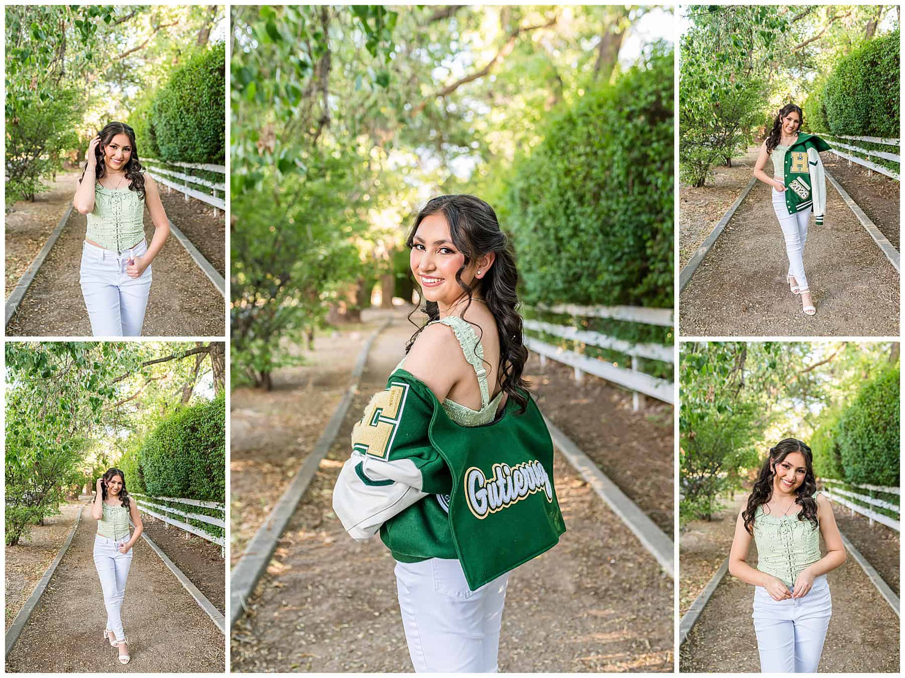 Hope Christian High School senior portrait wearing a letterman jacket during an outdoor senior photo session in Albuquerque.