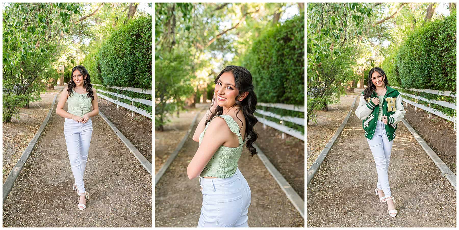 High school senior pictures of a Hope Christian student in her letterman jacket with a confident smile.