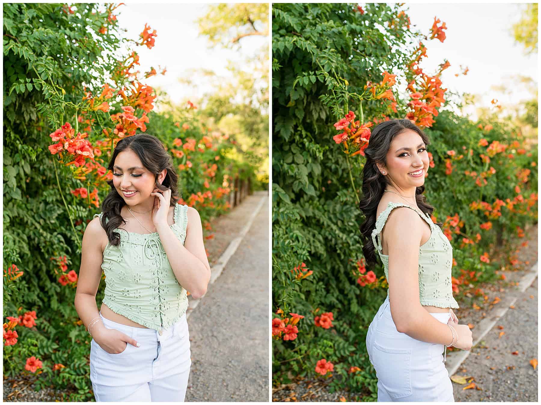 Senior portraits with vibrant orange trumpet vines featuring a high school senior in a green top and white pants from Hope Christian High School 