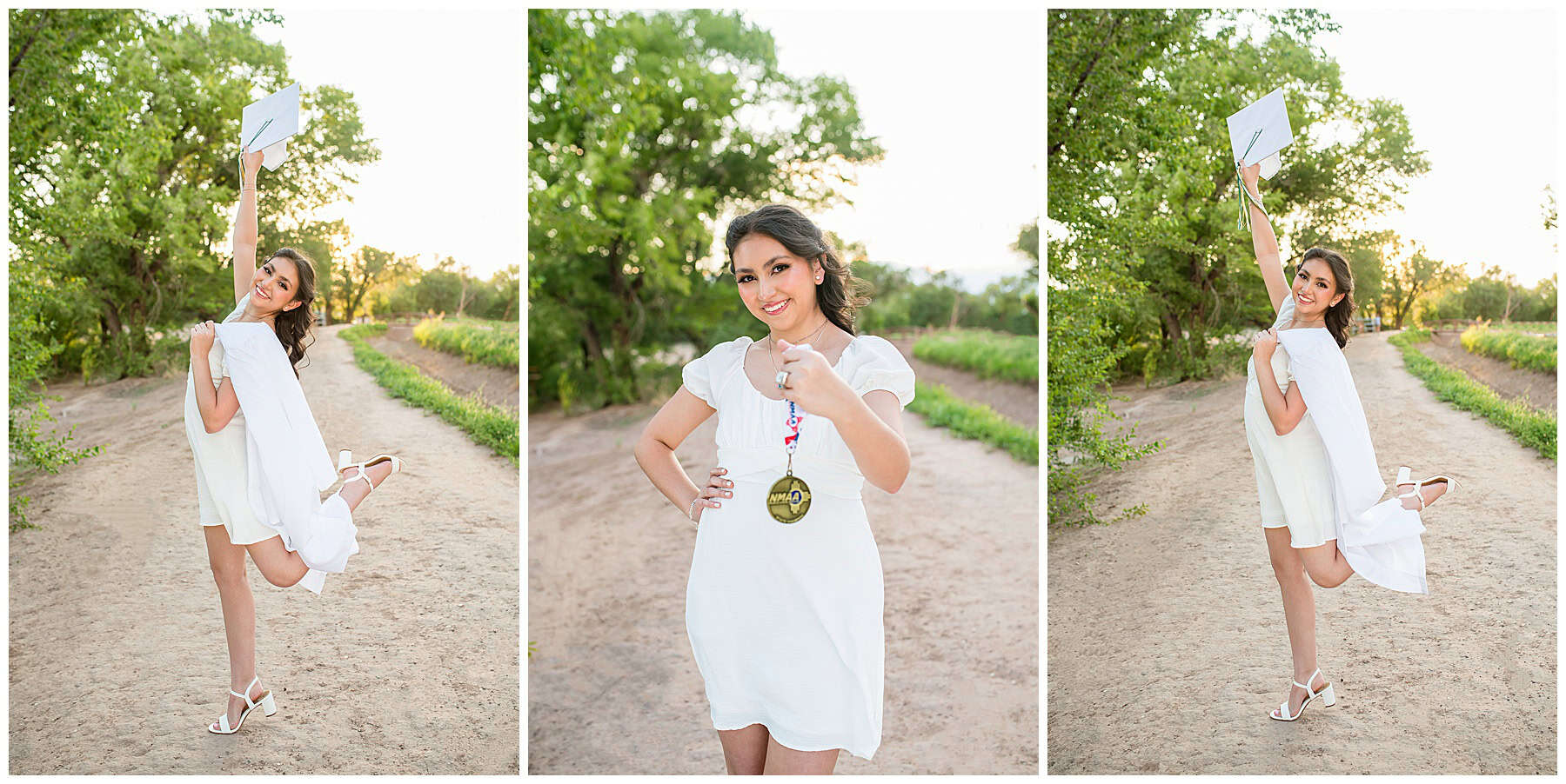 Cap and gown senior pictures girl laughing in a field of wildflowers near Rio Rancho