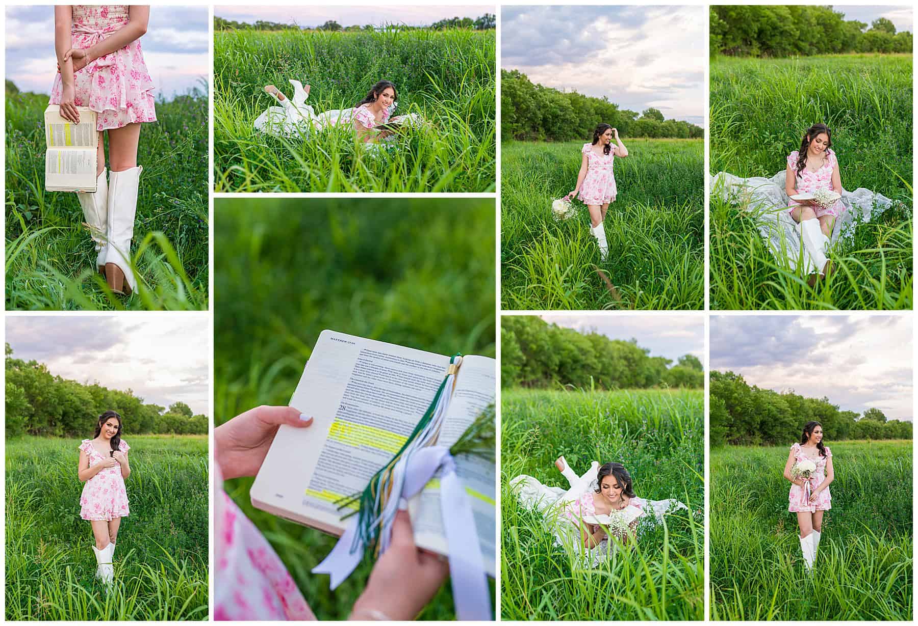 Outdoor senior photography session in Albuquerque featuring a senior in a pink dress and white boots holding her Bible in tall green grass.