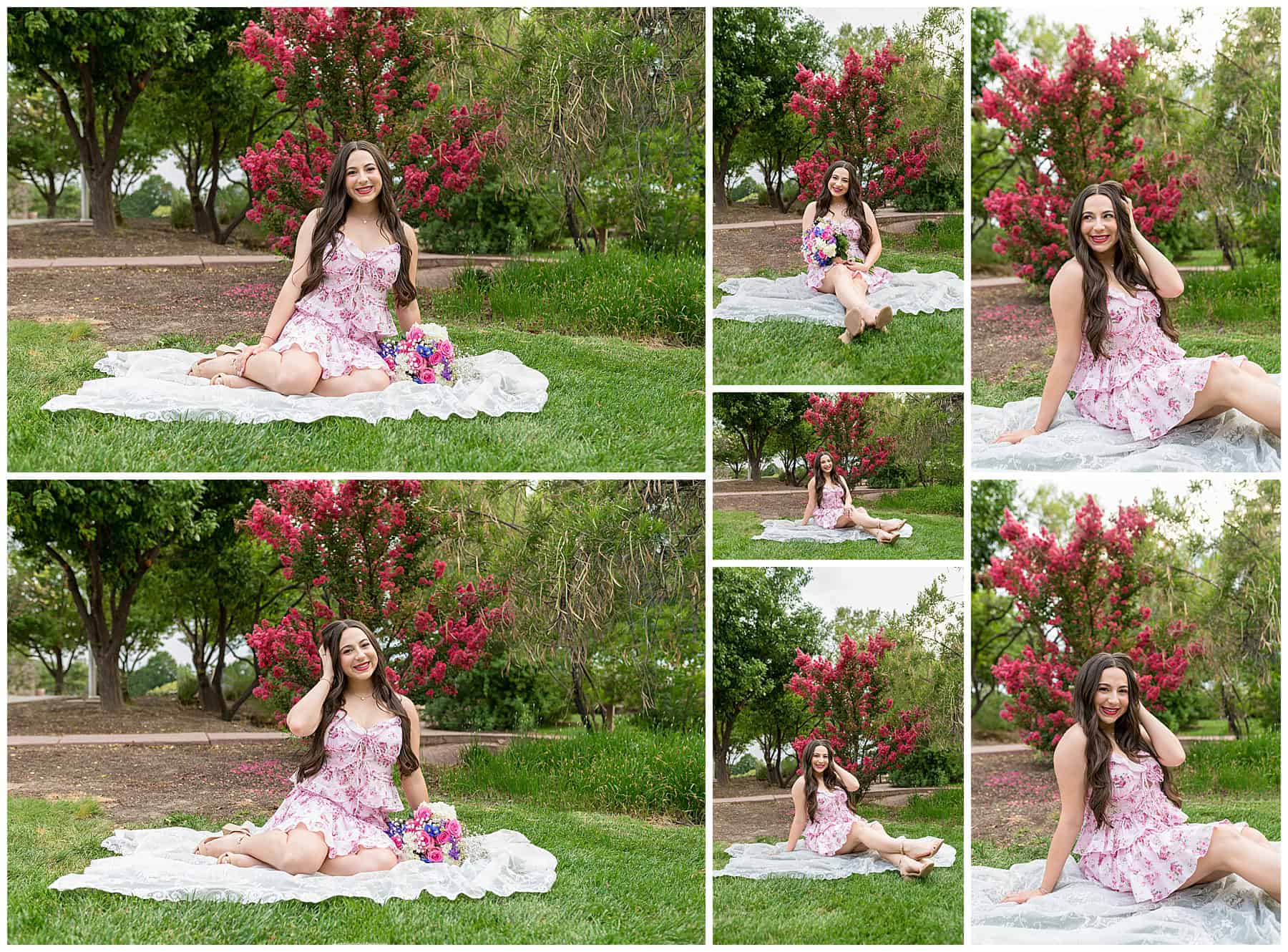 teen girl posing in a green grass at sunset with flowers