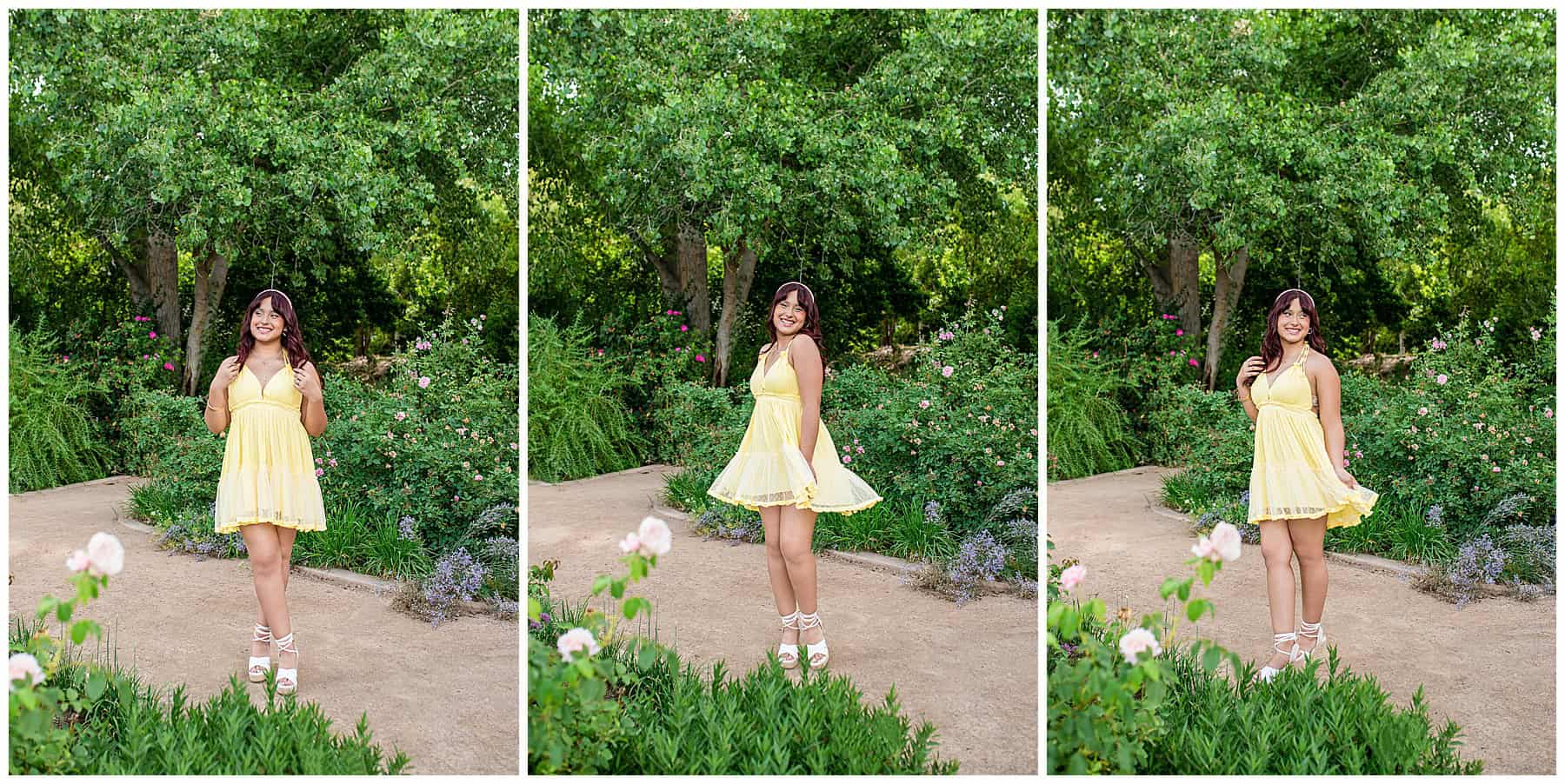 teen posing along garden walkway at sunset