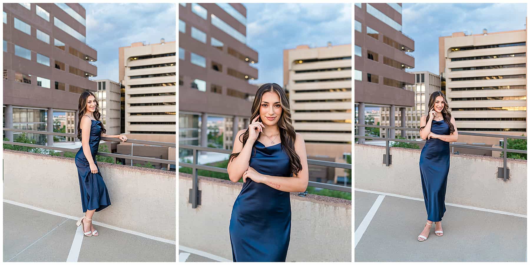 Urban senior photography session in downtown Albuquerque with a senior posing on a parking garage in a navy blue dress