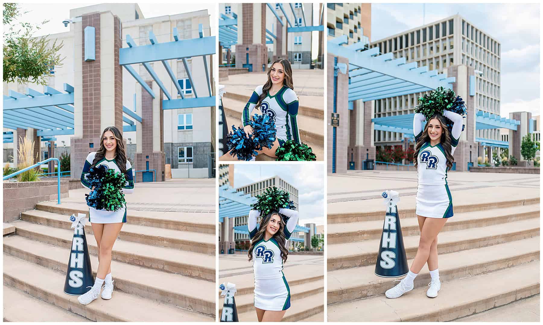 Downtown Albuquerque senior photos at the Albuquerque Civic Center featuring a Rio Rancho High School cheerleader in uniform.