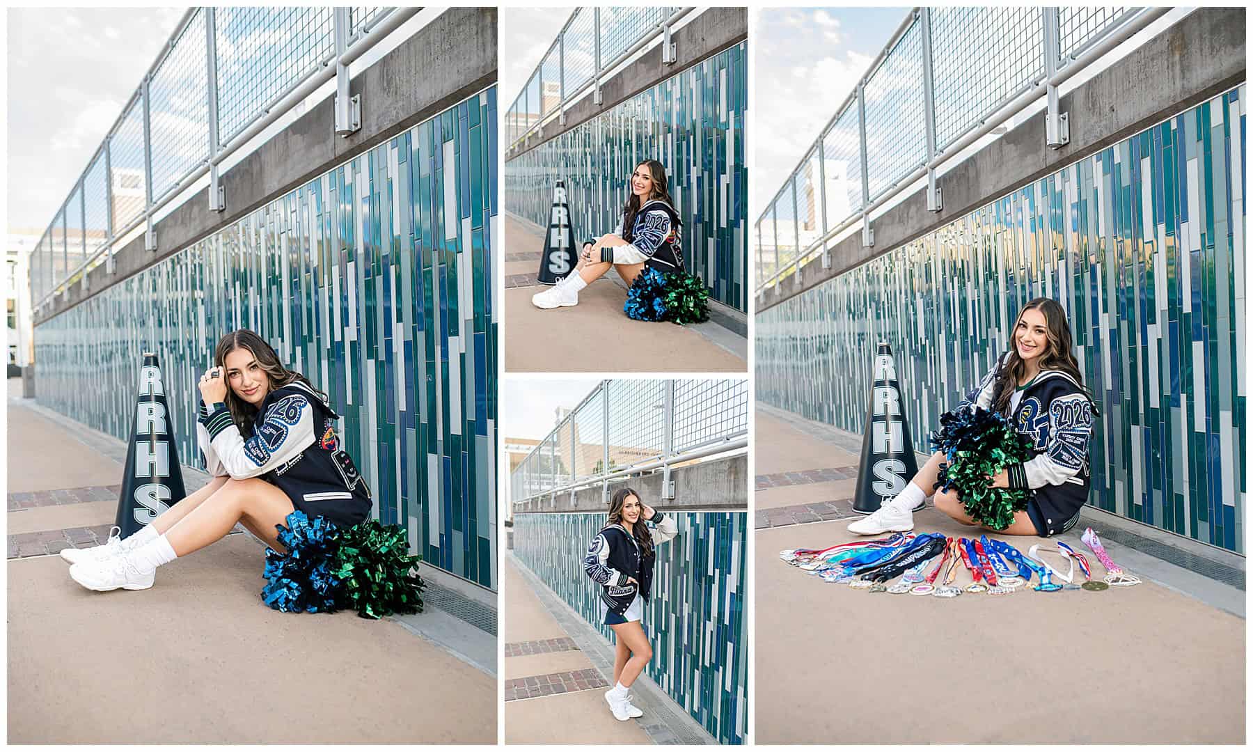 High school senior photographer in Albuquerque capturing cheer uniform portraits.