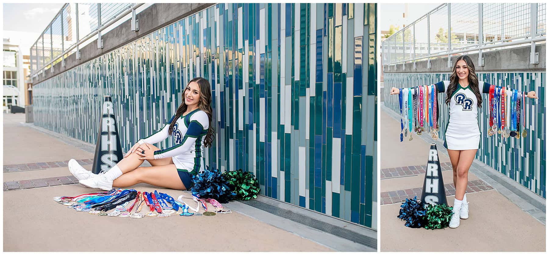 Urban senior portraits showing a Rio Rancho High School cheerleader at the Civic Center.