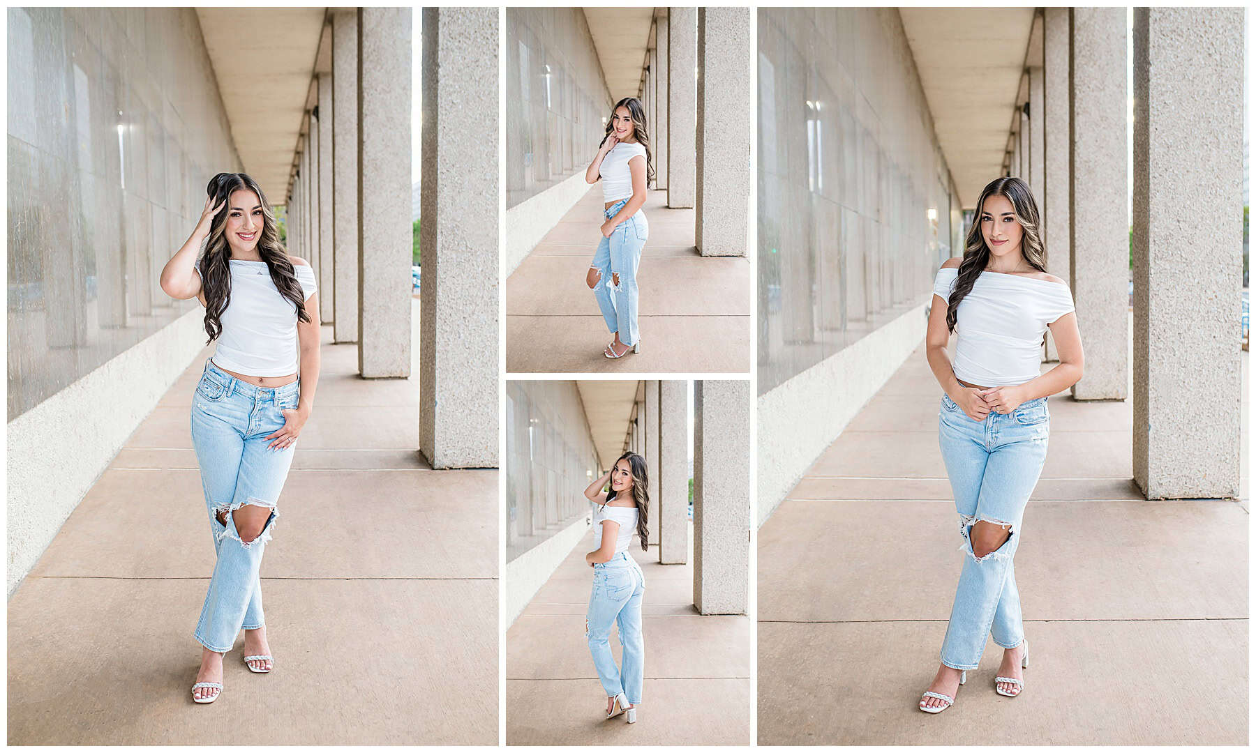 senior wearing light wash jeans, a white top, and heels near modern pillars.