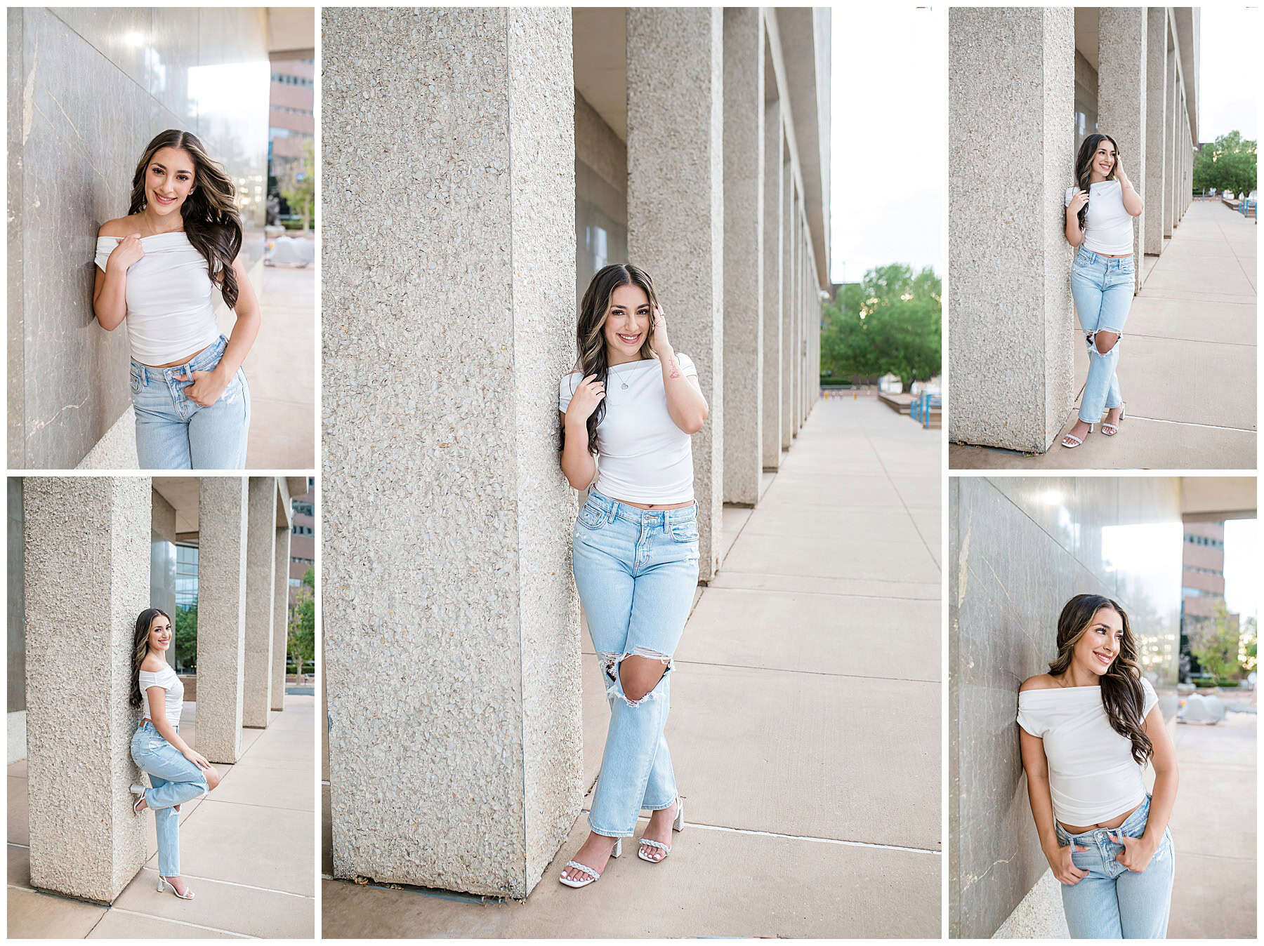 Modern session featuring clean architectural lines and a senior in casual chic attire.