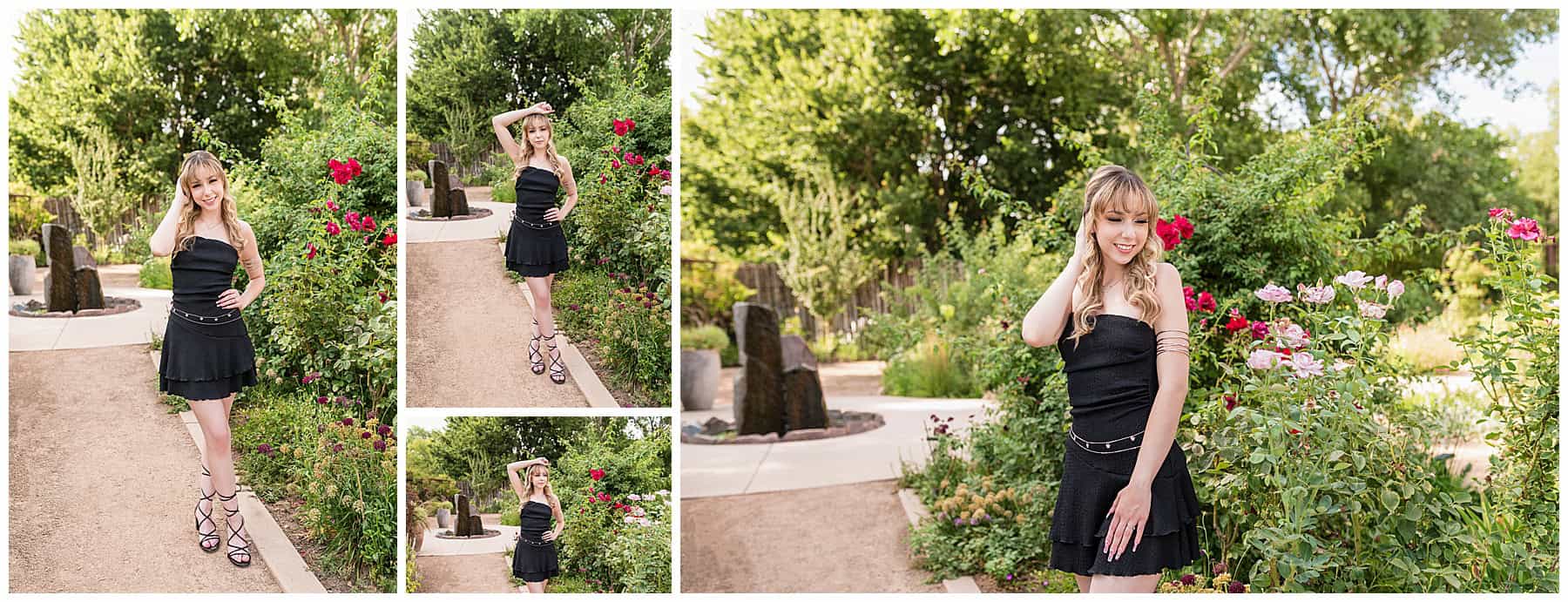 senior posing along garden walkway