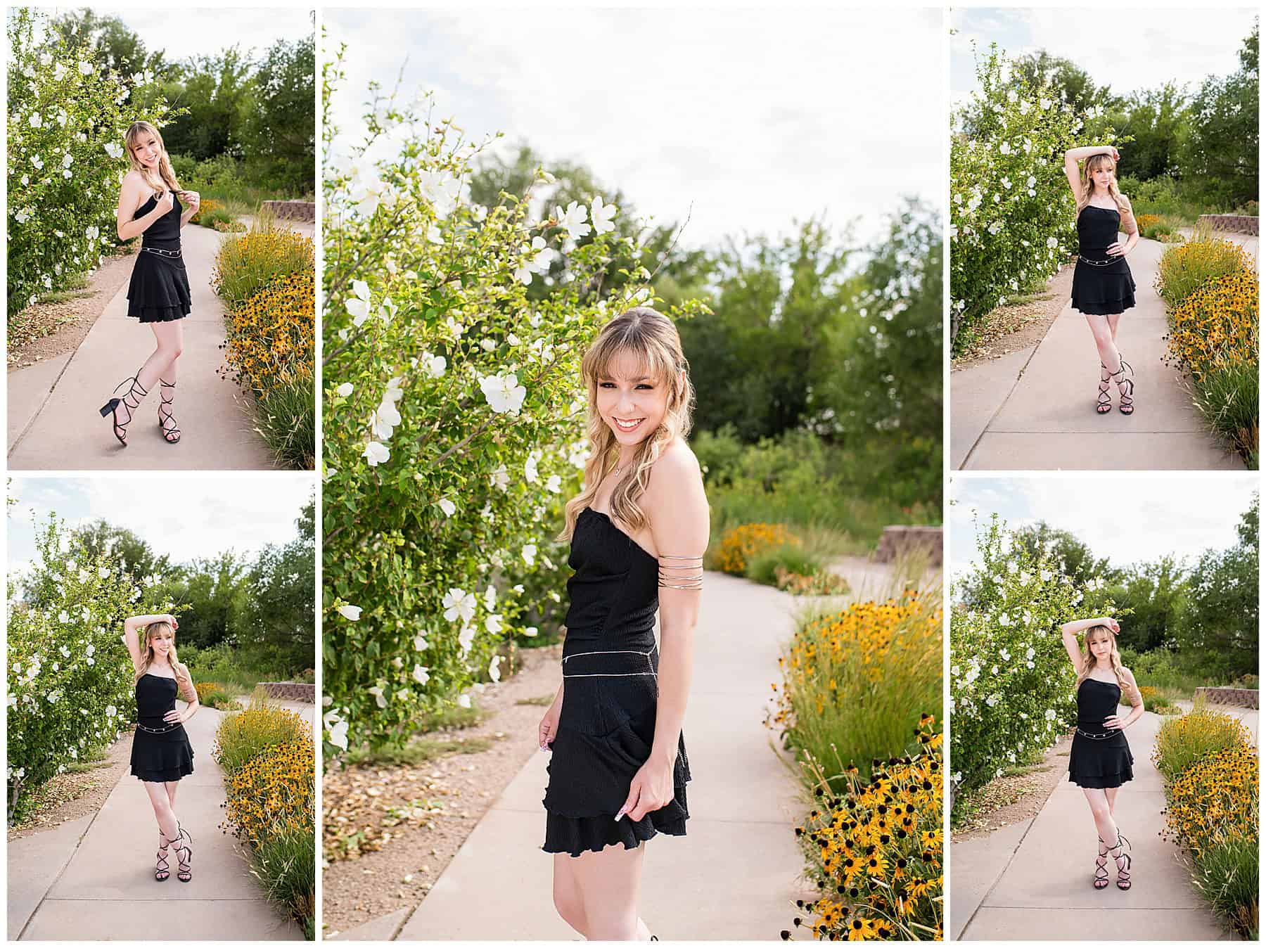 Girl in at the ABQ Bio Park taking her senior pictures with sunflowers in a black dress