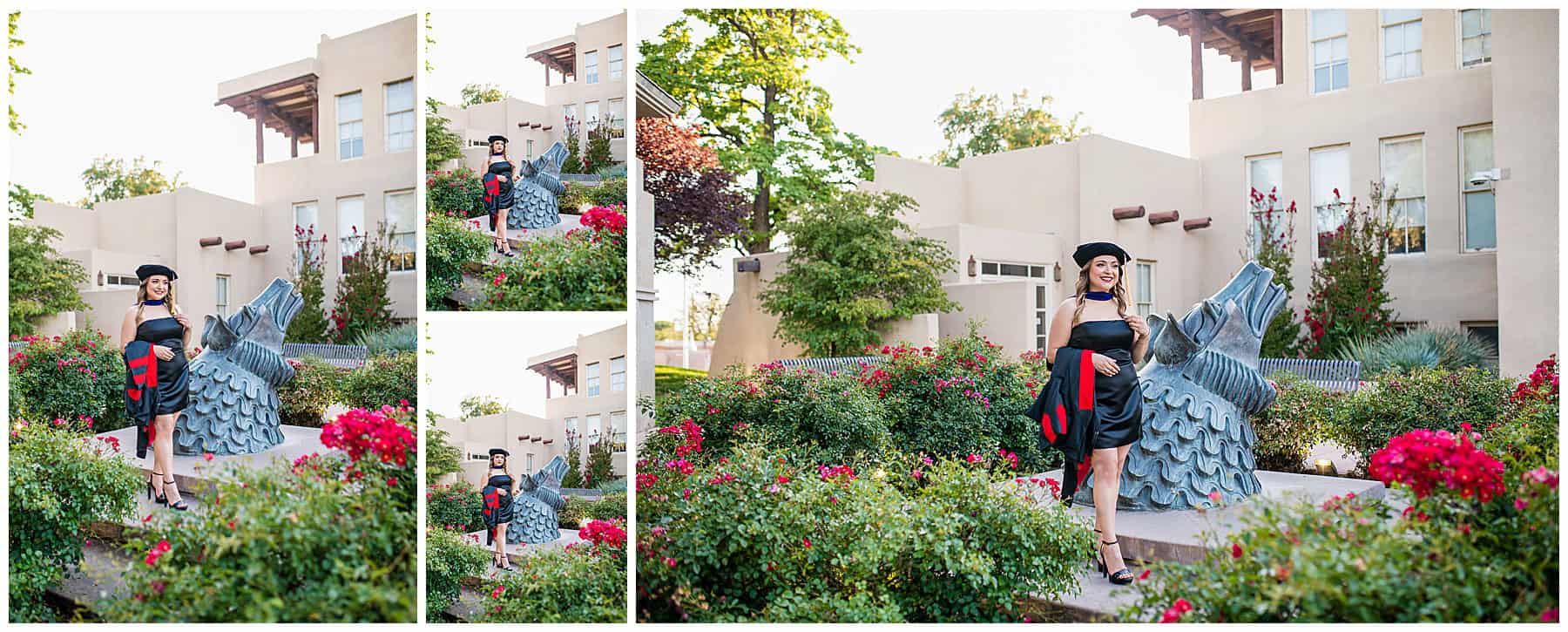 graduate wearing cap and gown at sunset