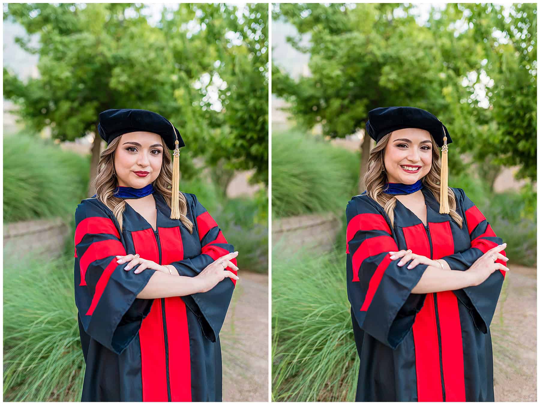 UNM graduate at UNM in her graduation regalia 