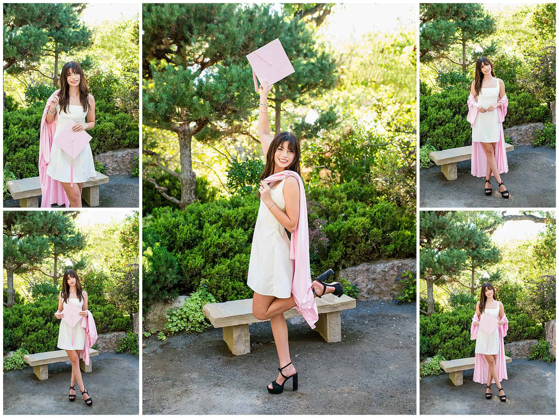 high school senior during outdoor photo session in a pink cap & gown