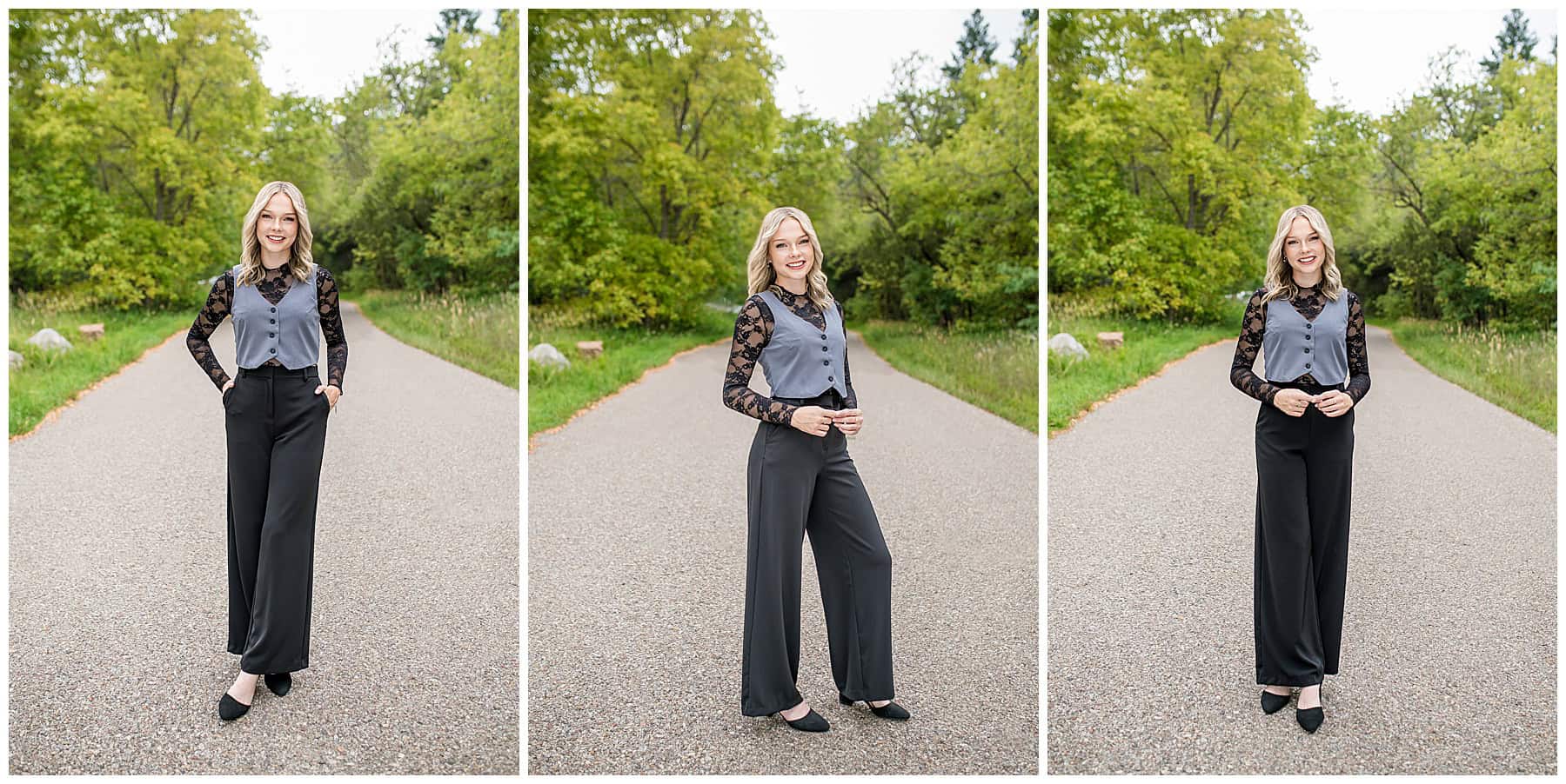 high school senior walking along mountain road