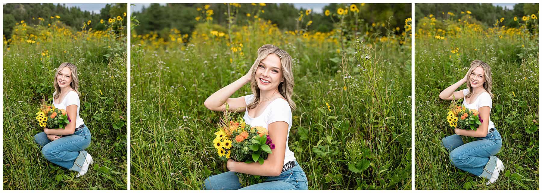 senior pictures in the Sandia Mountains with sunflowers