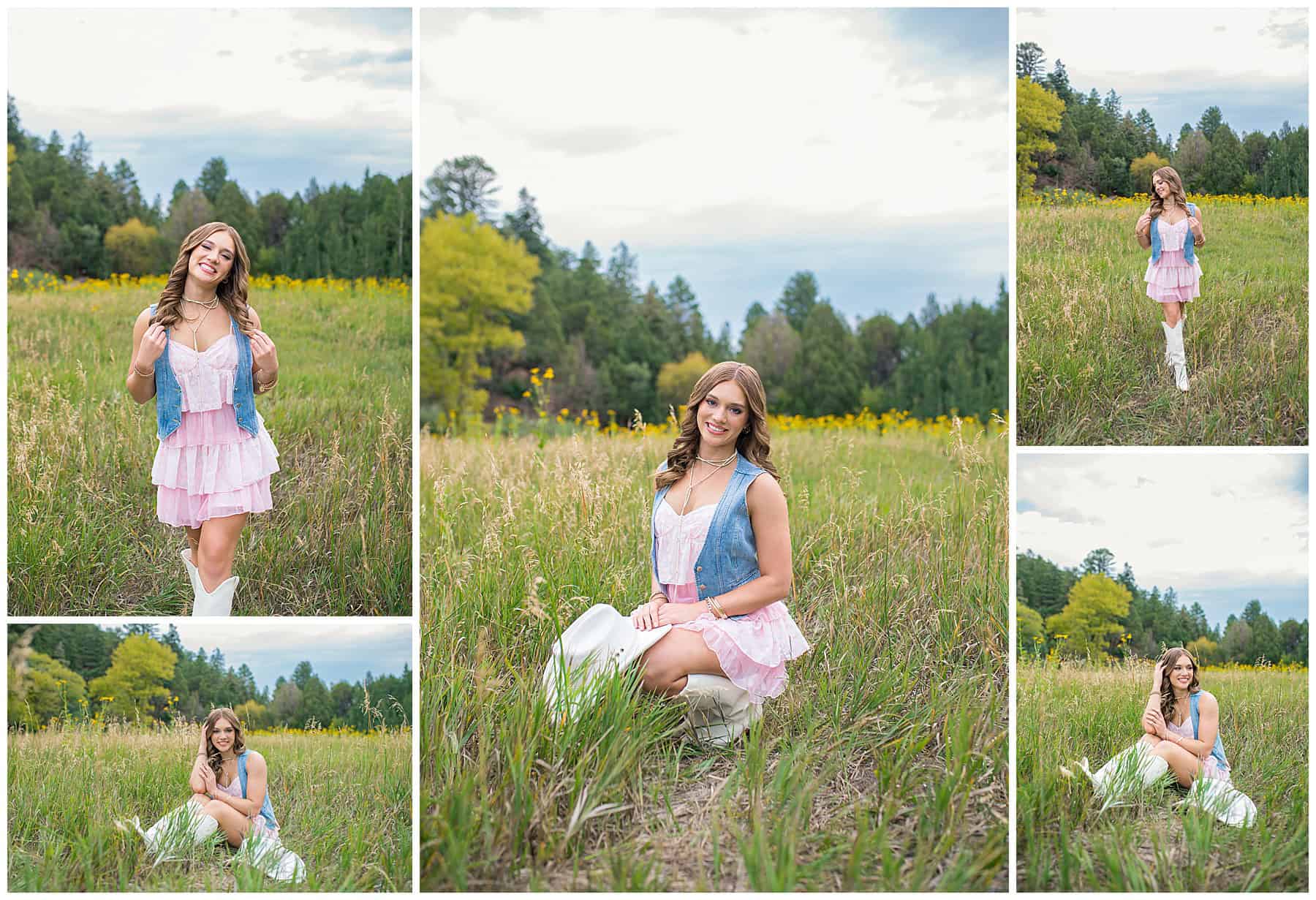 Los Lunas Senior pictures in a flowy dress and cowgirl boots 