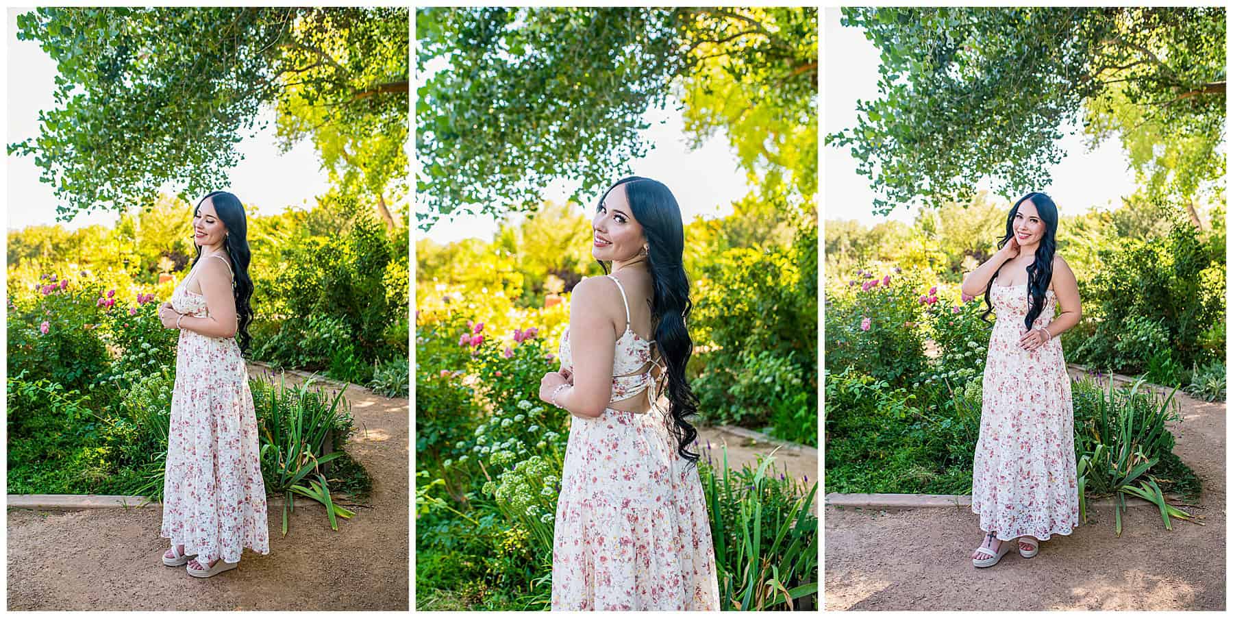 Girl in a white milkmaid dress senior pictures at ABQ BioPark botanical garden