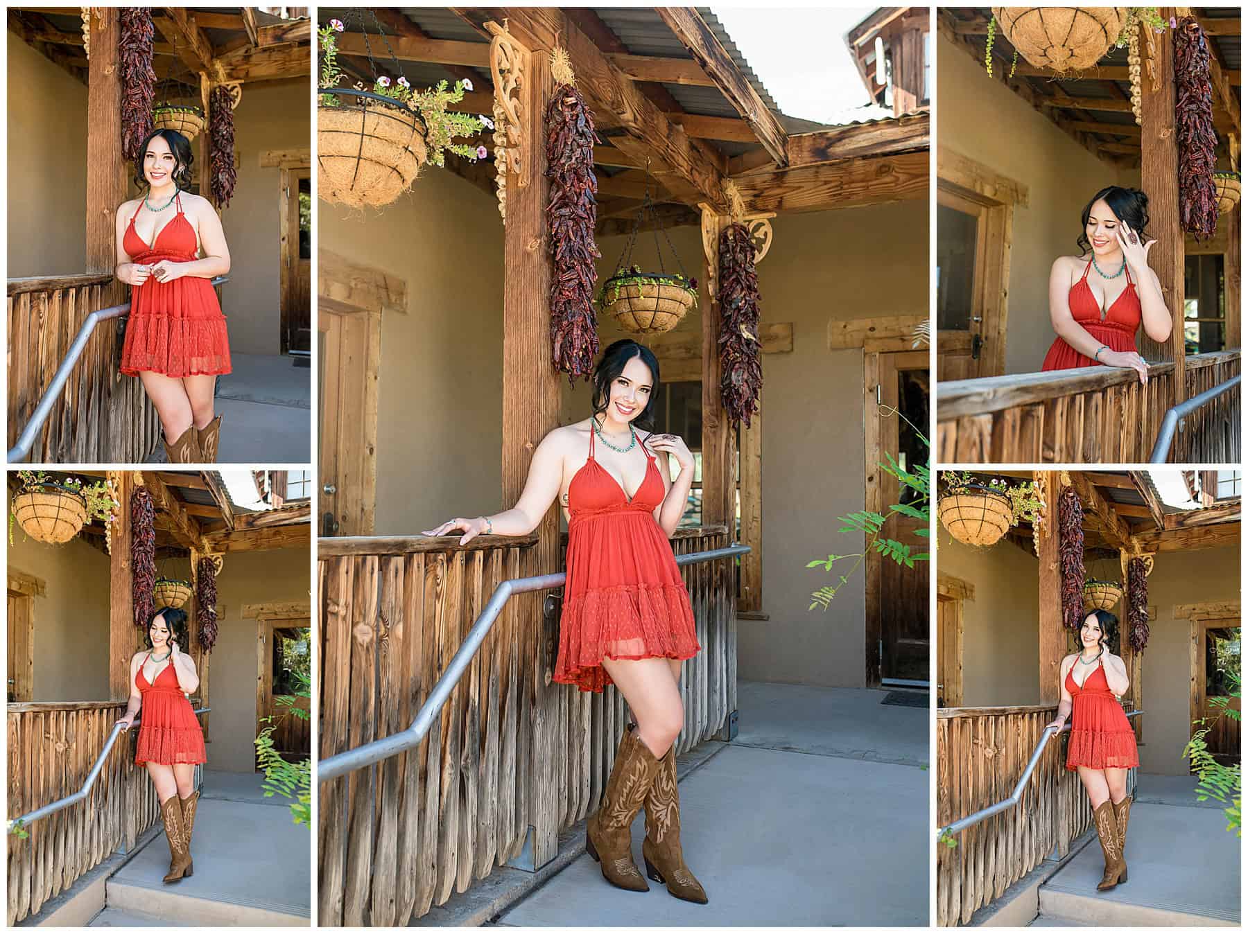 Girl in a rust orange dress and cowgirl boots senior photo outfit inspiration