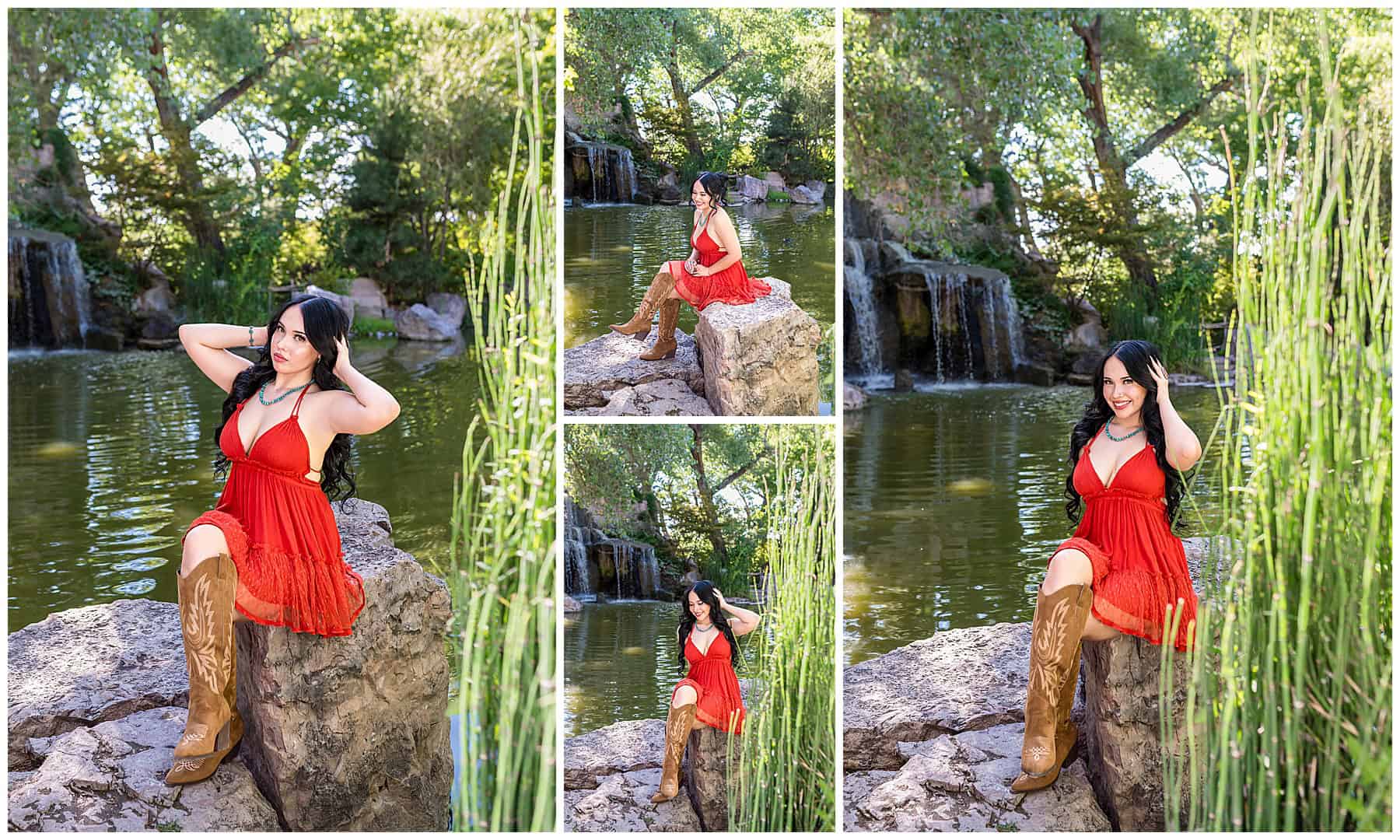 what to wear for senior pictures in Albuquerque flowy dress by waterfall at the ABQ Bio Park 