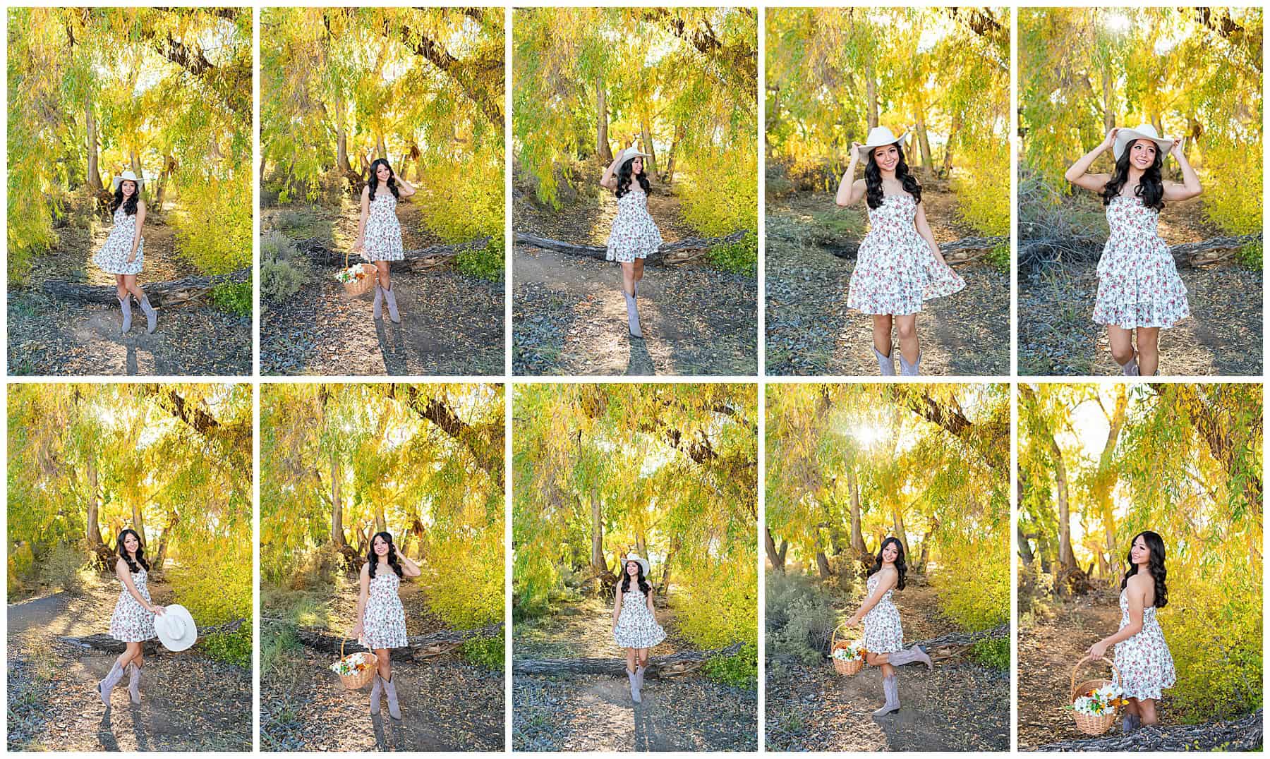 fall senior pictures in Albuquerque golden cottonwood trees with a senior in her cowgirl era