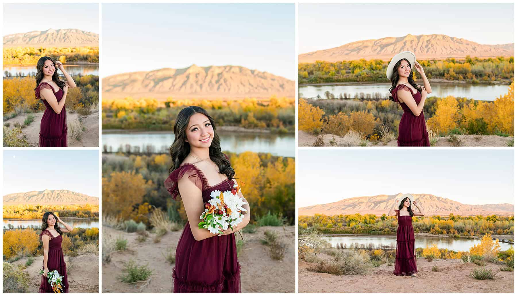 senior portraits by the Rio Grande River with the Sandia Mountains in the background. 