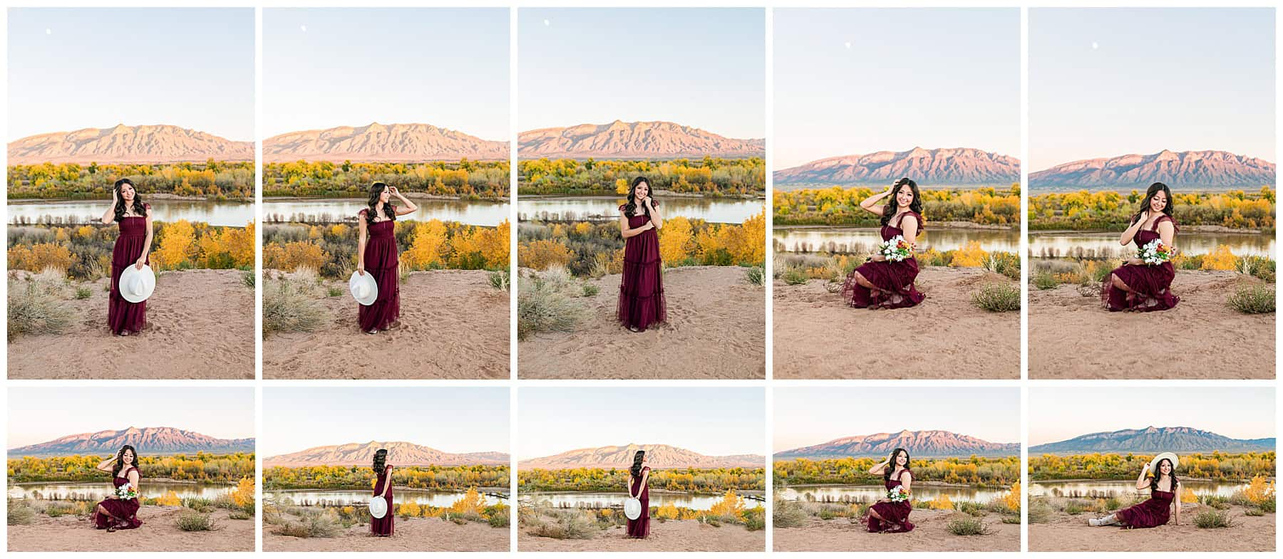 Girl posing for her senior portraits by the Rio Grande River with the Sandia Mountains in the background in a Maroon dress
