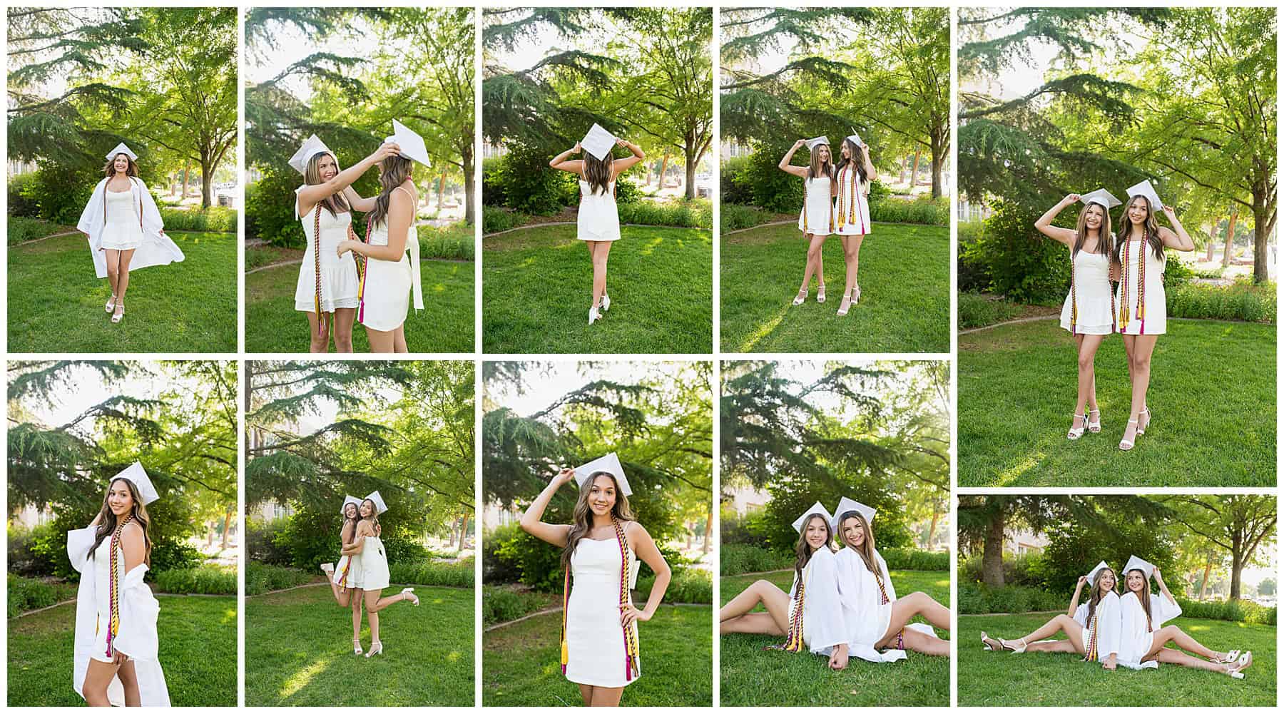BFF's in their White dresses and cap and gowns. best friends graduation portraits